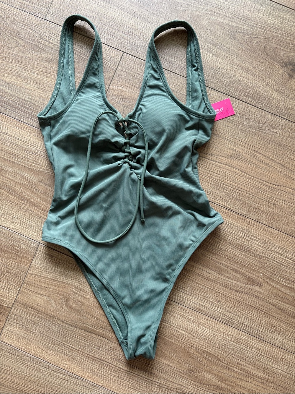 New Ribbed Lace-Up One-Piece Swimsuit - Sage Green